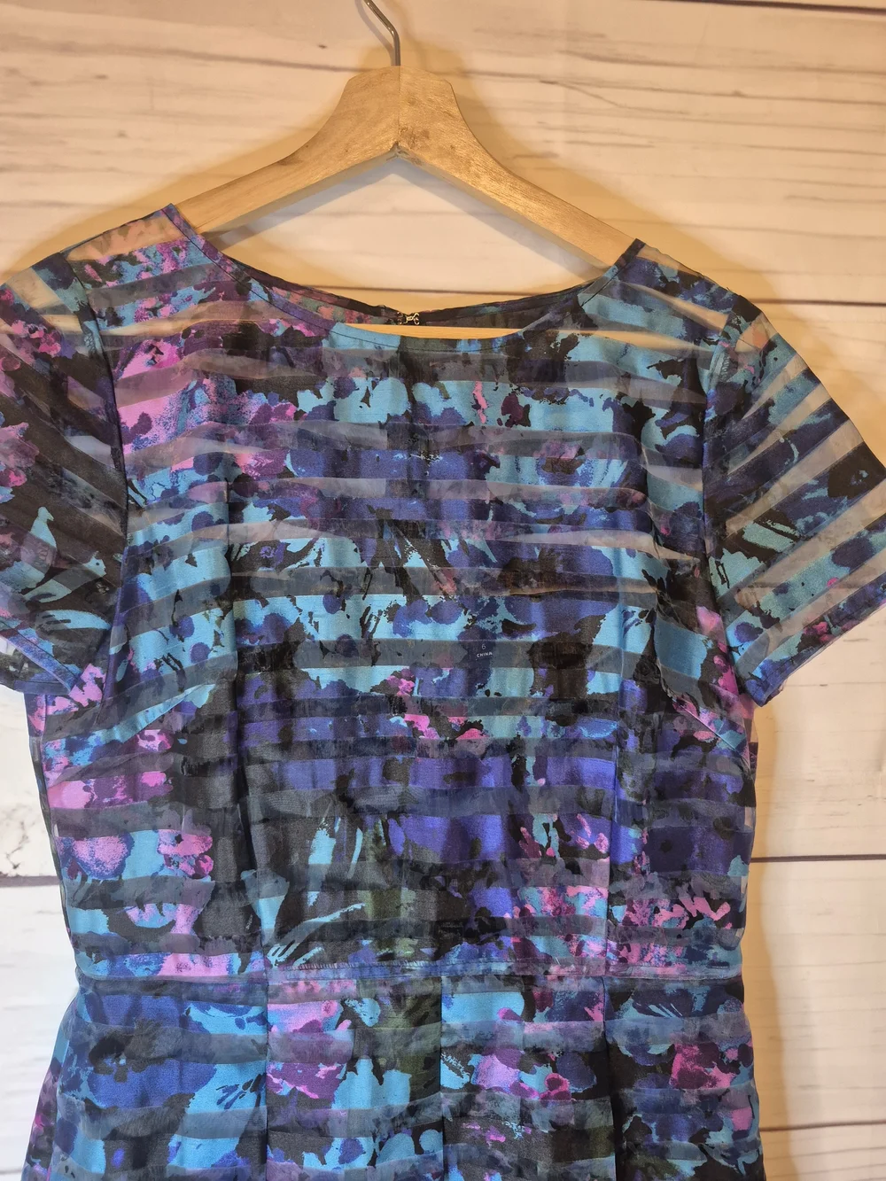 Tahari ASL Blue Multi-Color Striped Floral Burnout Fit & Flare Dress Size 6 - Picture 9 of 12